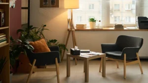 A serenely lit counselor's office with two chairs and a coffee table; a great place to discuss the signs of unresolved trauma with a professional and work through them.