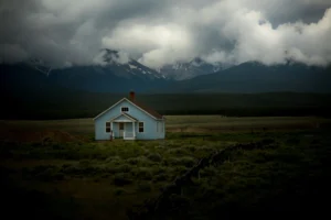a house sits alone in a large field
