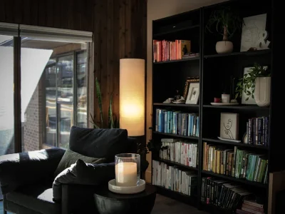 a bookcase in a therapy office
